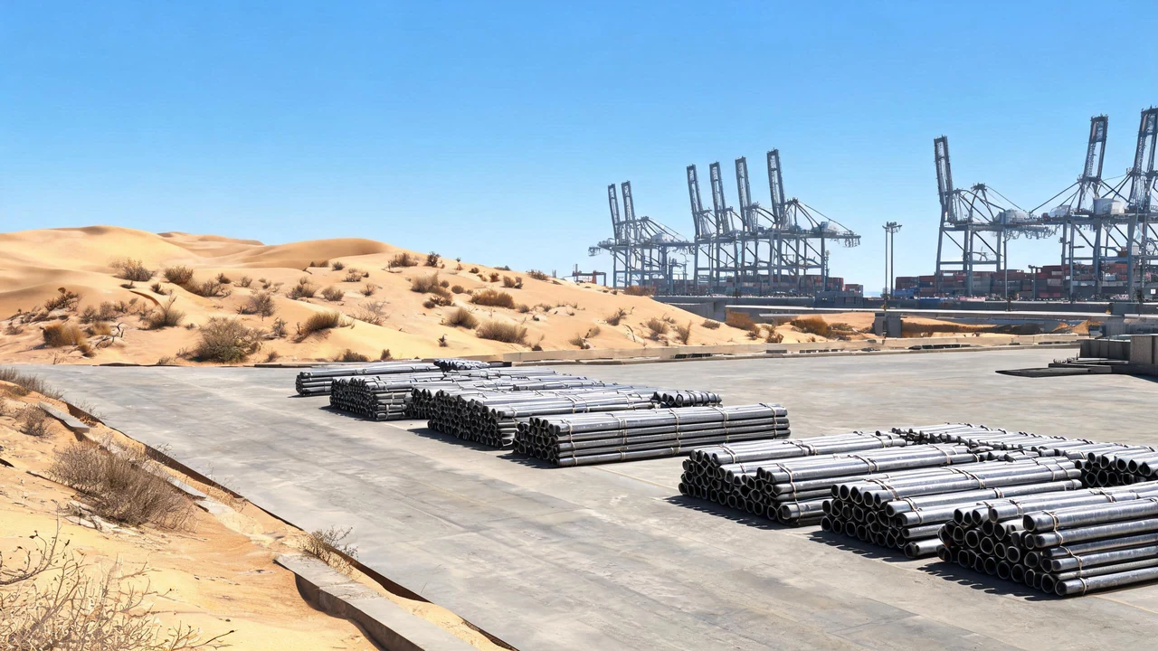 Steel pipe bundles on a desert-side port quay in Saudi Arabia