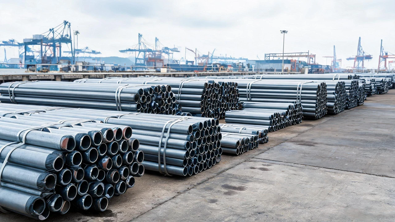 Seamless line pipe stacked in bundles with bevelled ends and protective caps on a port quay