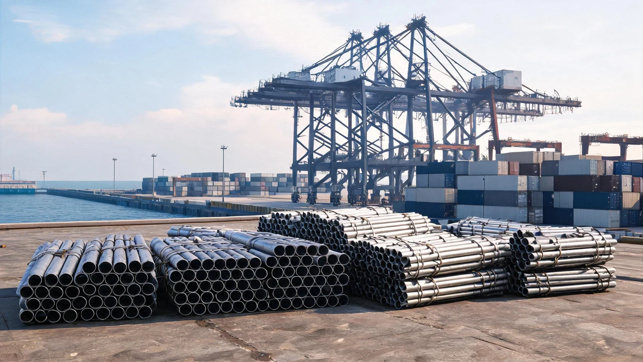 Steel pipe bundles on a quay in a Gulf port
