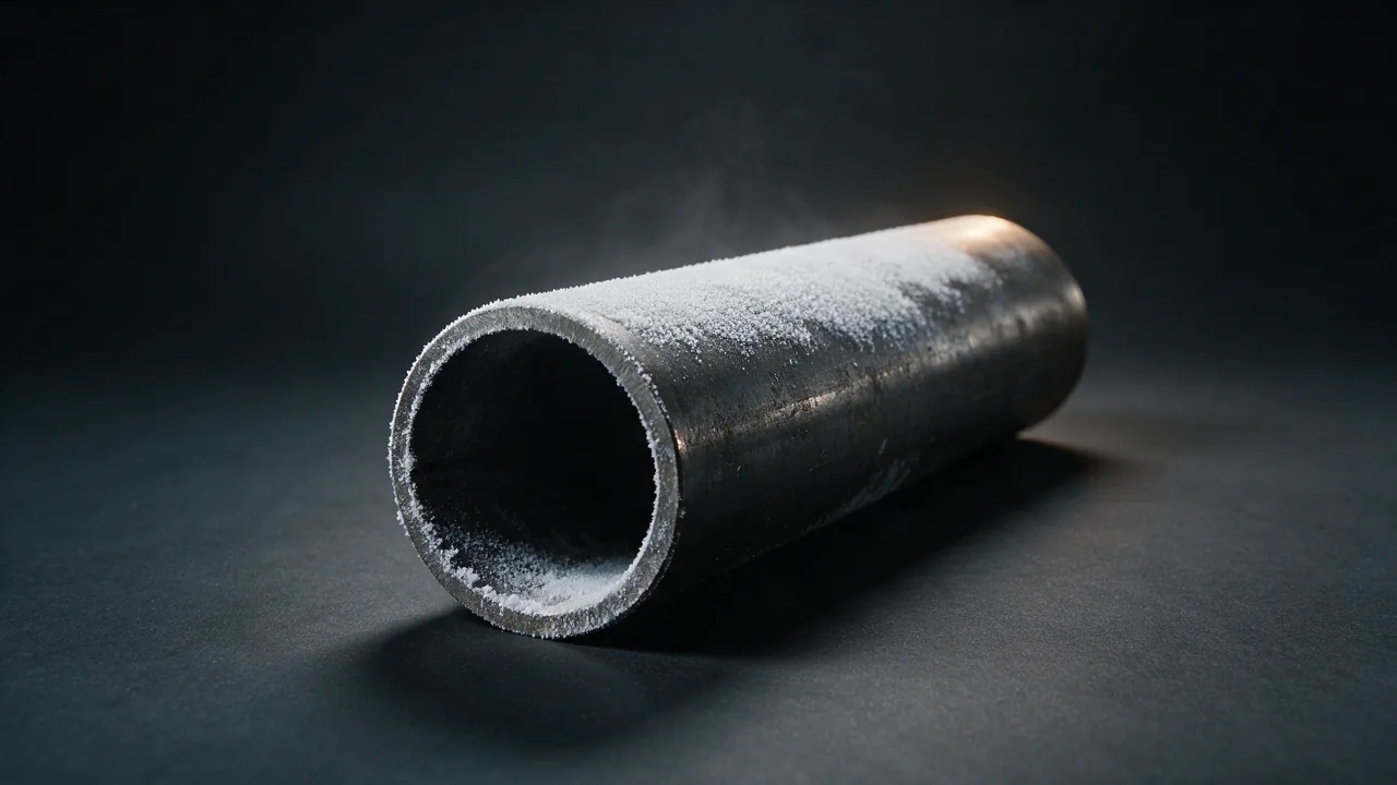 AI-generated concept image of a steel pipe with a light covering of frost across its surface and rimming the cut end and the bore