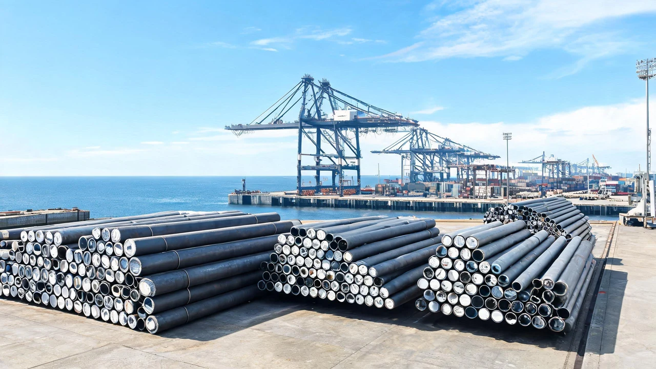 Steel pipe bundles stacked at a Pacific coast port terminal with container cranes behind