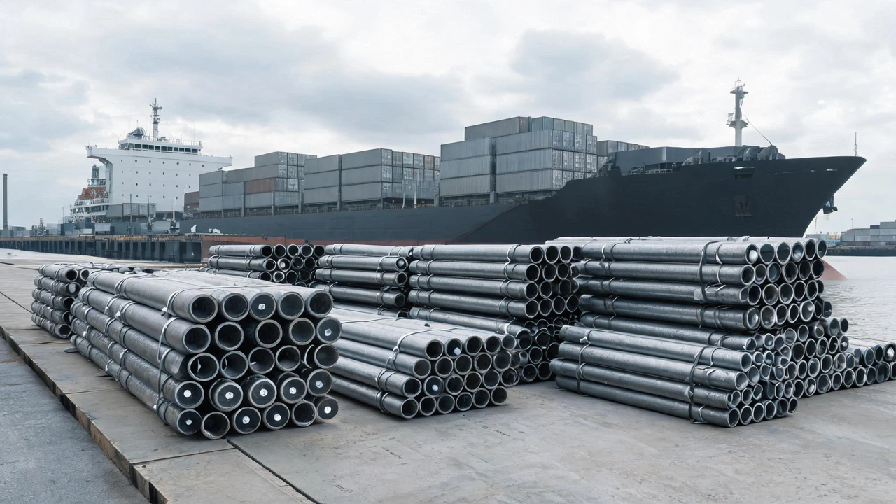 Steel pipe bundles on a quay beside a container ship, ready for loading