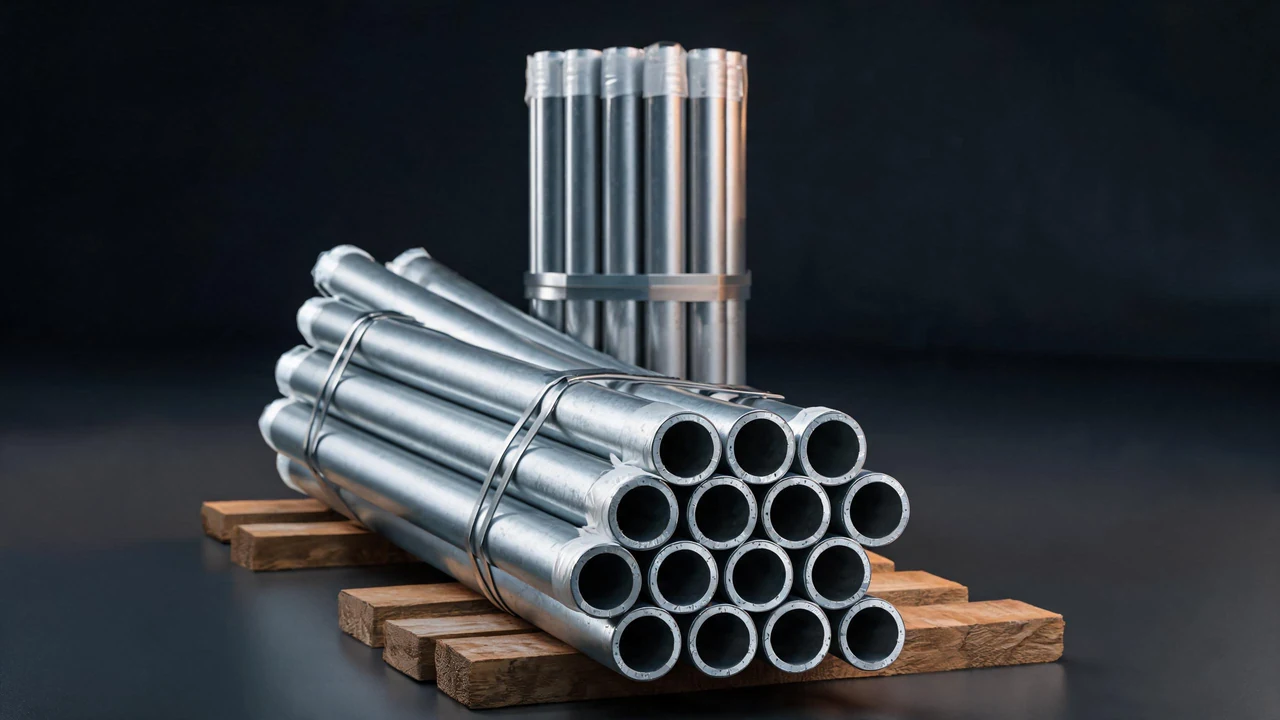Banded steel pipe bundles with protective end caps prepared for export