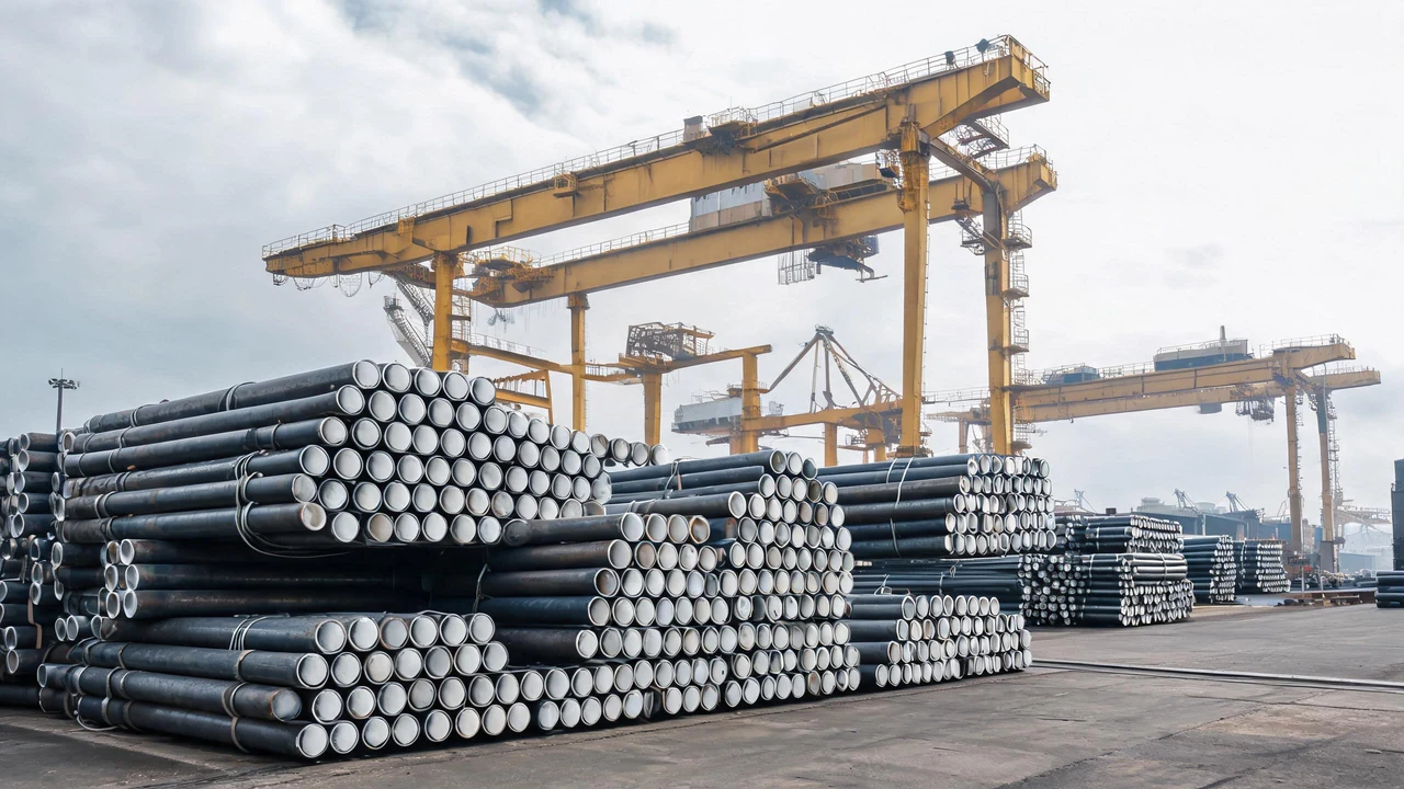 Steel pipe bundles on a port quay under gantry cranes, ready for loading