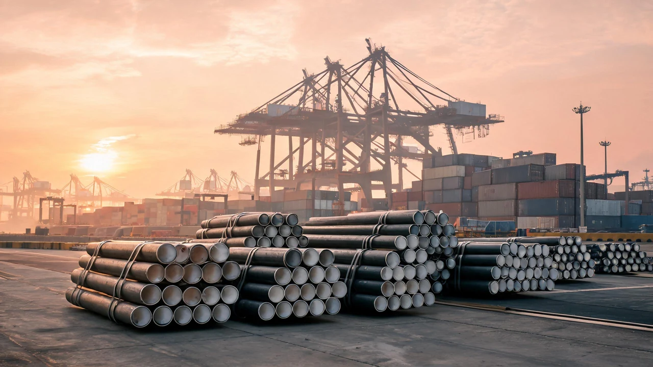 Container terminal in South-East Asia with steel pipe bundles on the quay