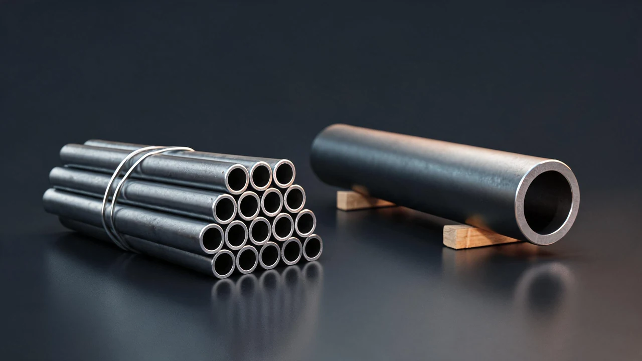 Banded steel pipe bundle beside a longer pipe length on dunnage