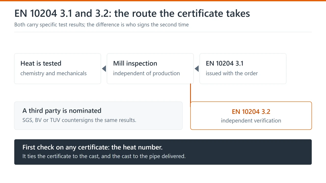 Route of an EN 10204 certificate: the tested heat and the mill inspection department issuing a 3.1, and the nominated third party whose countersignature makes it a 3.2