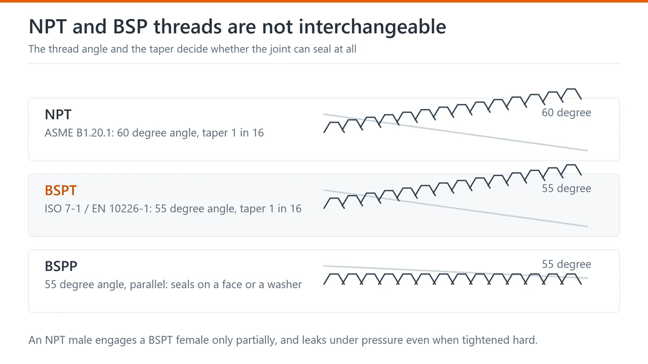 Three thread profiles: NPT with a 60 degree angle and a 1 in 16 taper, BSPT with a 55 degree angle and the same taper, and BSPP parallel with no taper