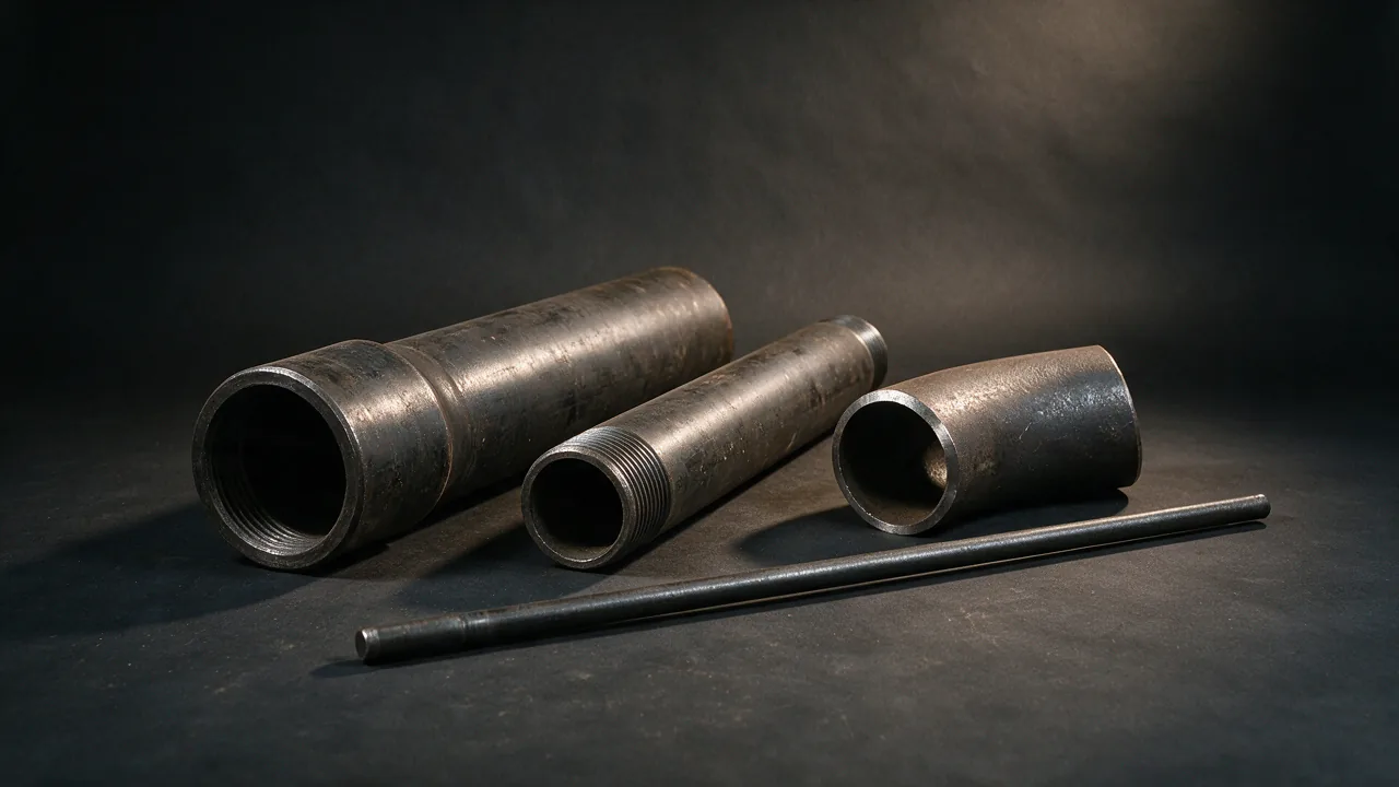 AI-generated concept image of four oilfield product families together: casing with a screwed-on coupling, a length of line pipe, a threaded pipe end and a sucker rod