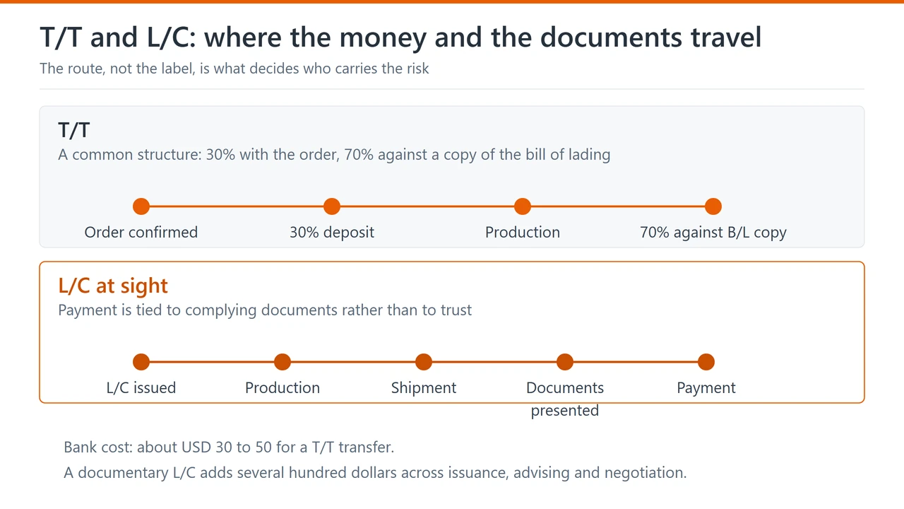Two payment lanes: a T/T route of deposit, production and balance against a bill of lading copy, and a letter of credit route from issuance through shipment and document presentation to payment