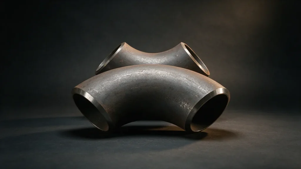 Butt weld elbow with a smooth bend and bevelled ends at both openings
