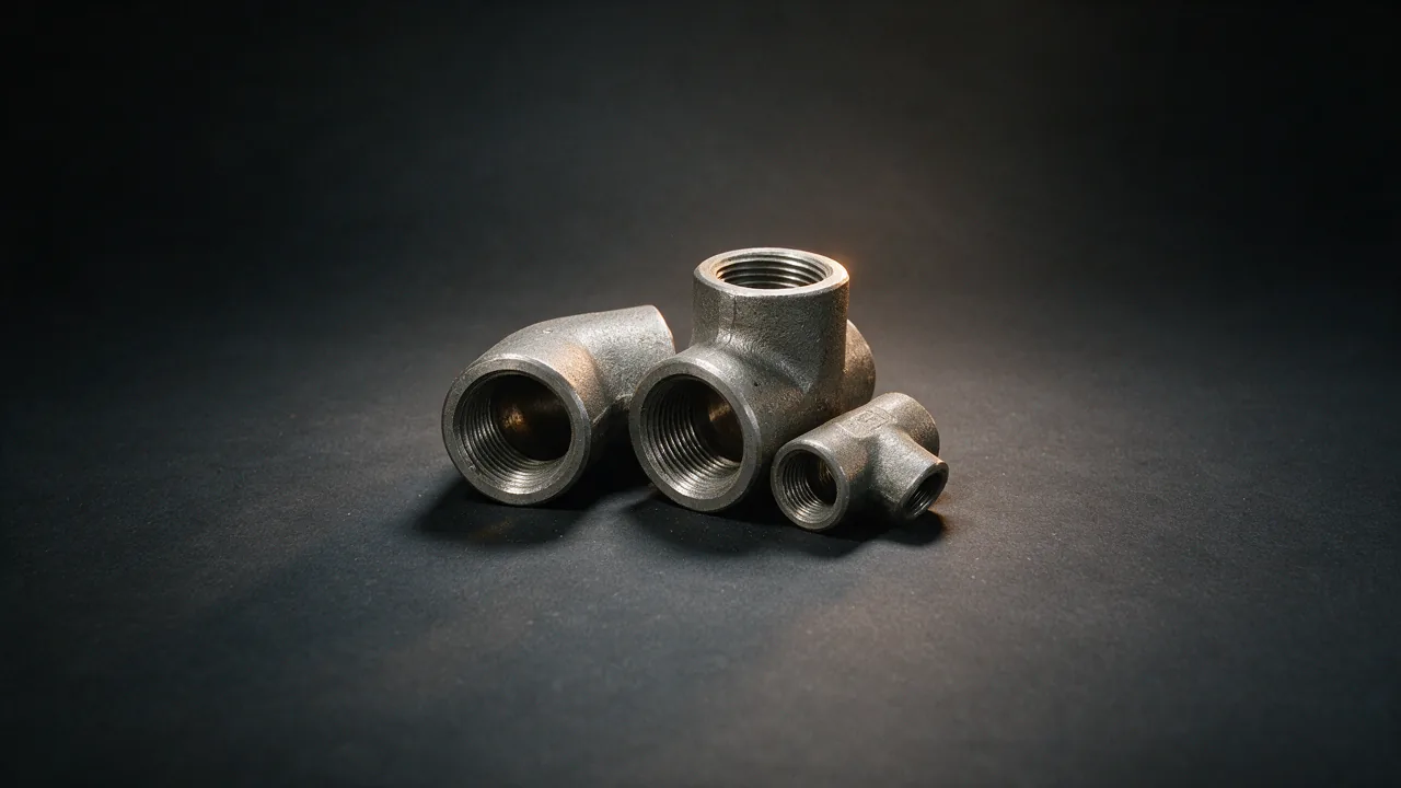 Threaded pipe fittings with tapered NPT threads, shown as elbows and a tee