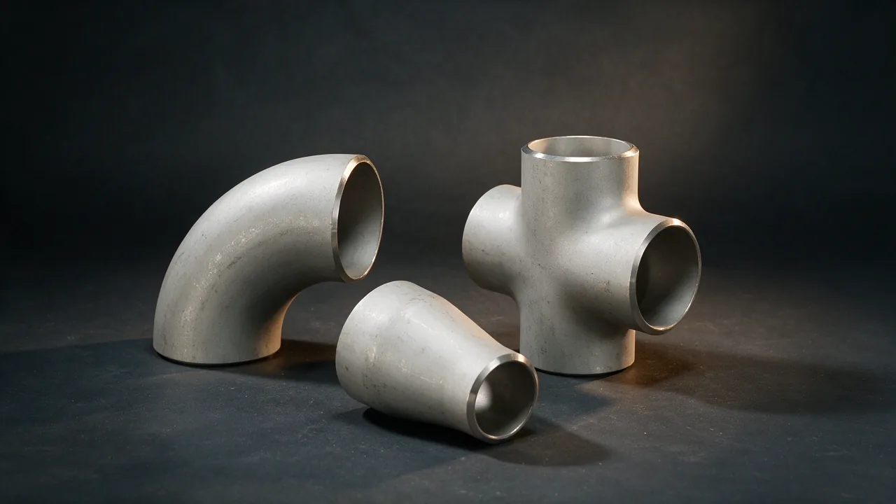 Stainless steel butt weld fittings with a bright pickled surface, an elbow and a tee
