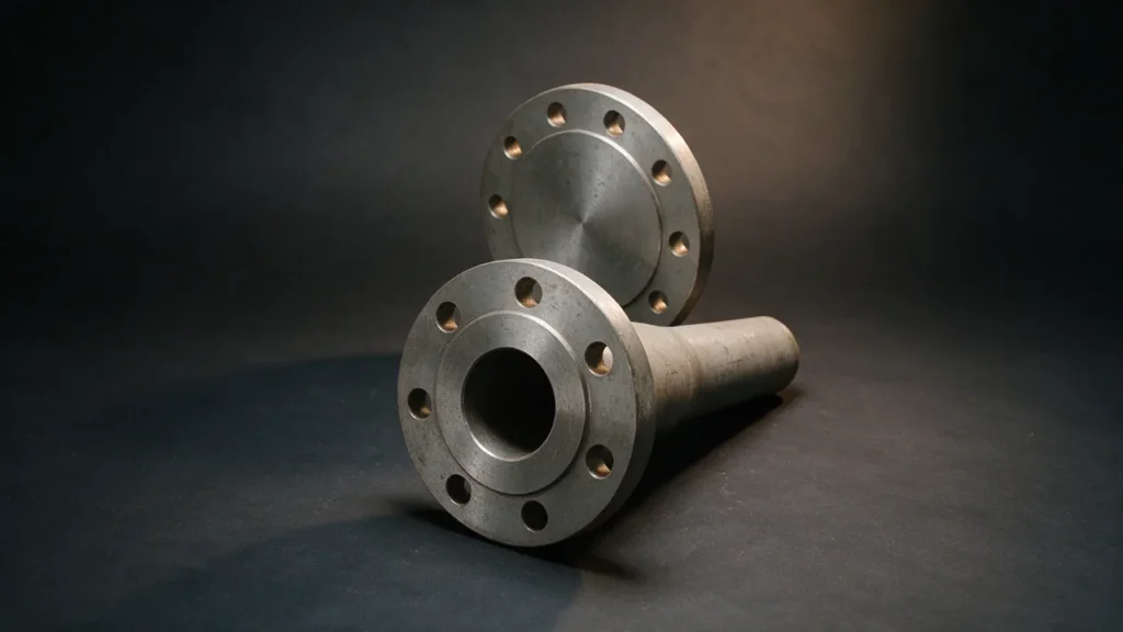 Pipe flanges with a ring of bolt holes and a weld neck, one flange facing the camera