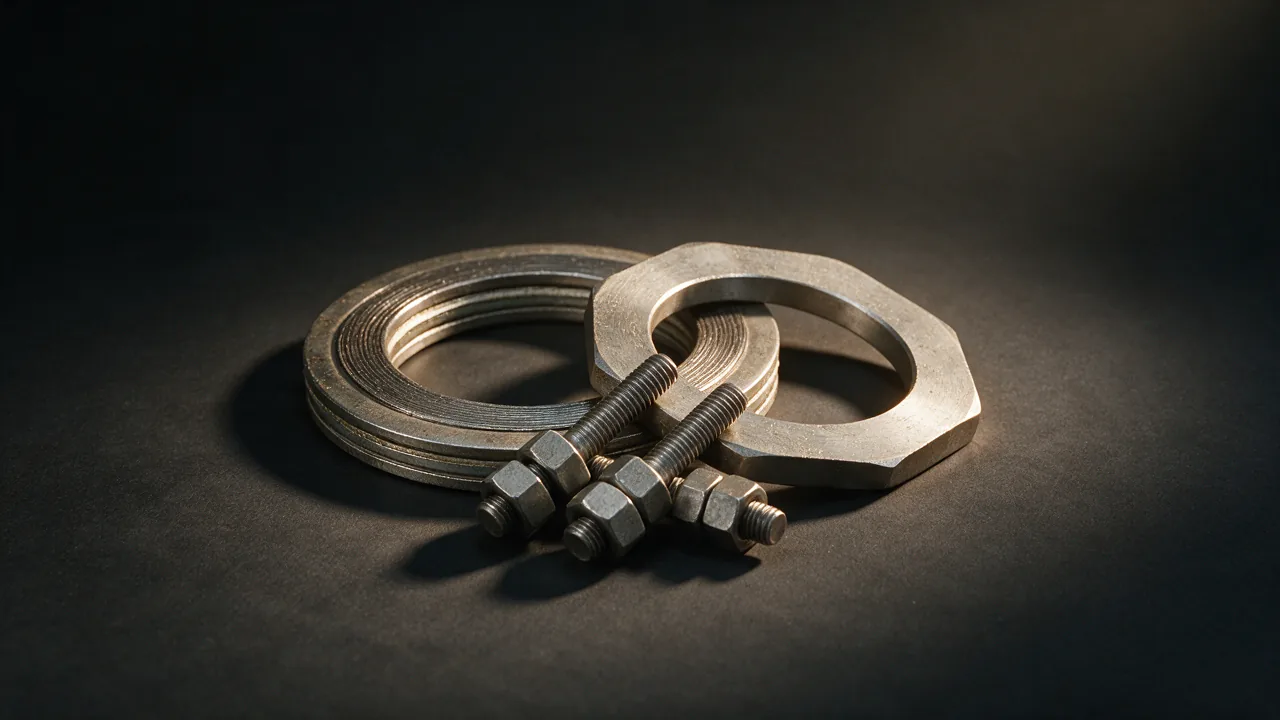 Spiral wound gasket with a metal outer ring, an octagonal ring joint gasket and stud bolts with double nuts