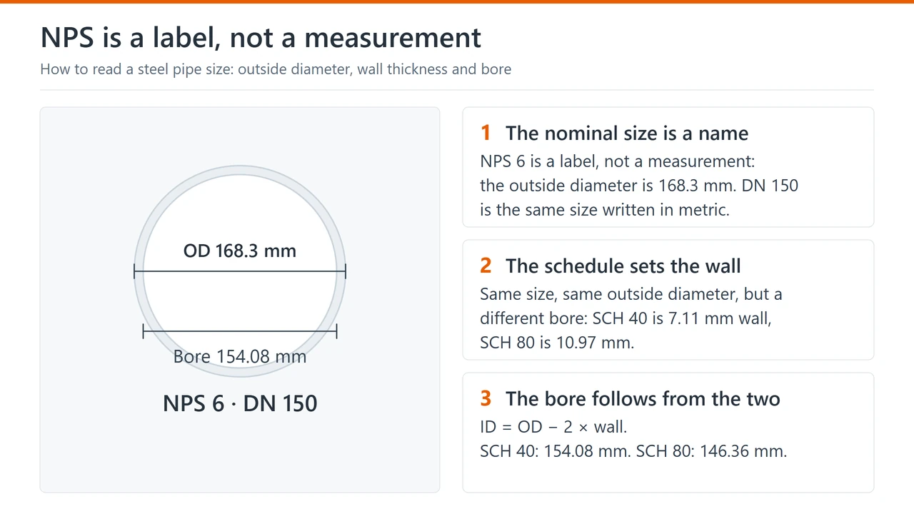 Annotated cross-section of an NPS 6 pipe showing the outside diameter of 168.3 mm, the bore and how the schedule sets the wall