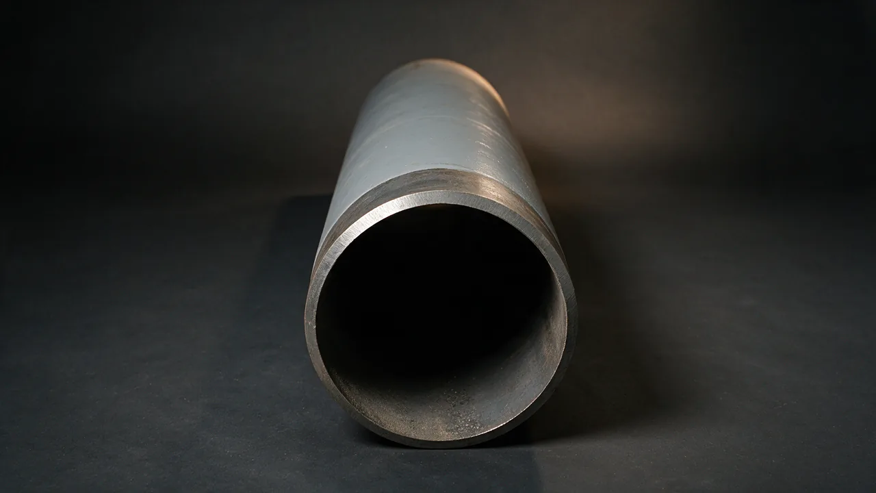 AI-generated concept image of a coated line pipe seen straight down the bore, the mill-applied coating cut back in a straight line at the beveled end