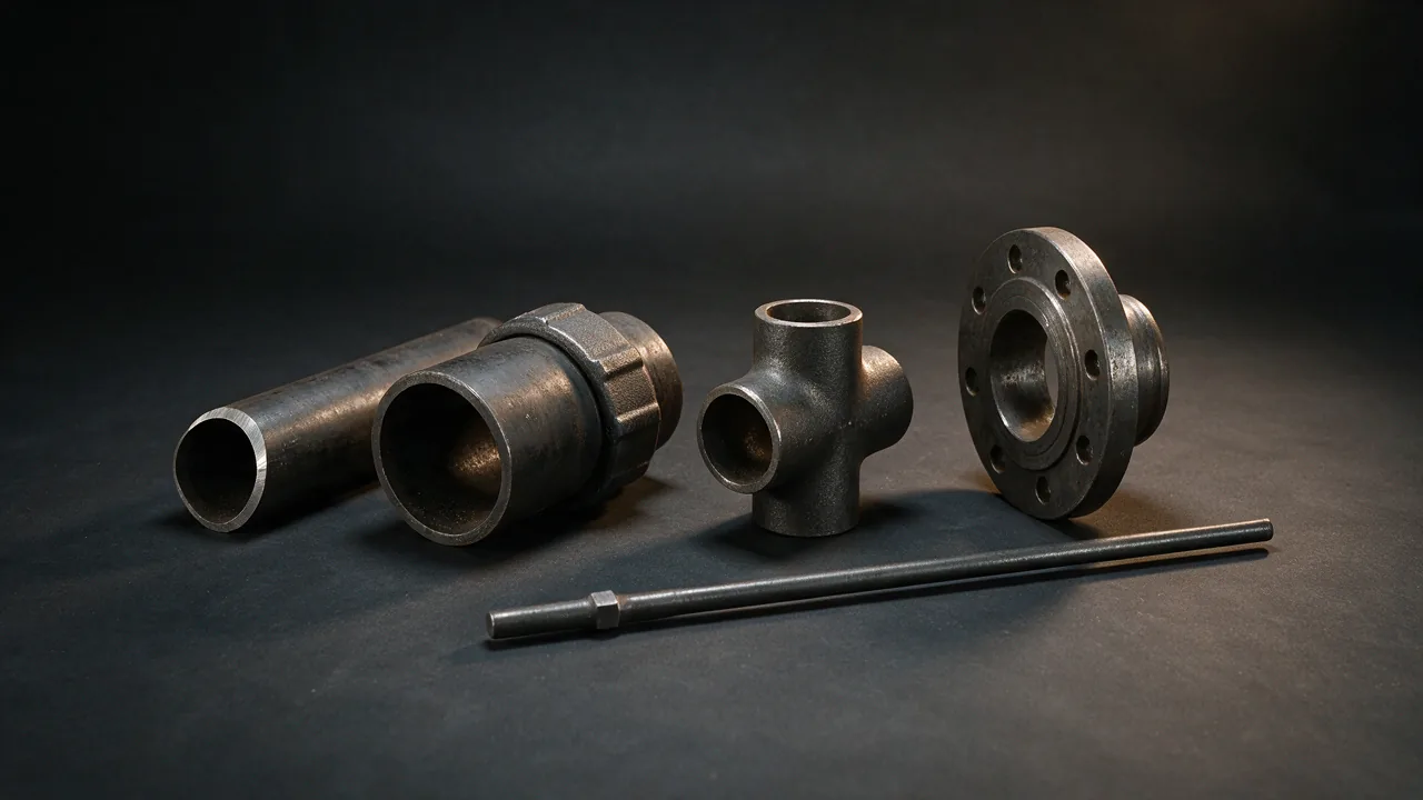 AI-generated concept image of five steel products, one from each product line: a length of steel pipe, a length of casing with a coupling, a butt weld tee, a forged flange and a sucker rod