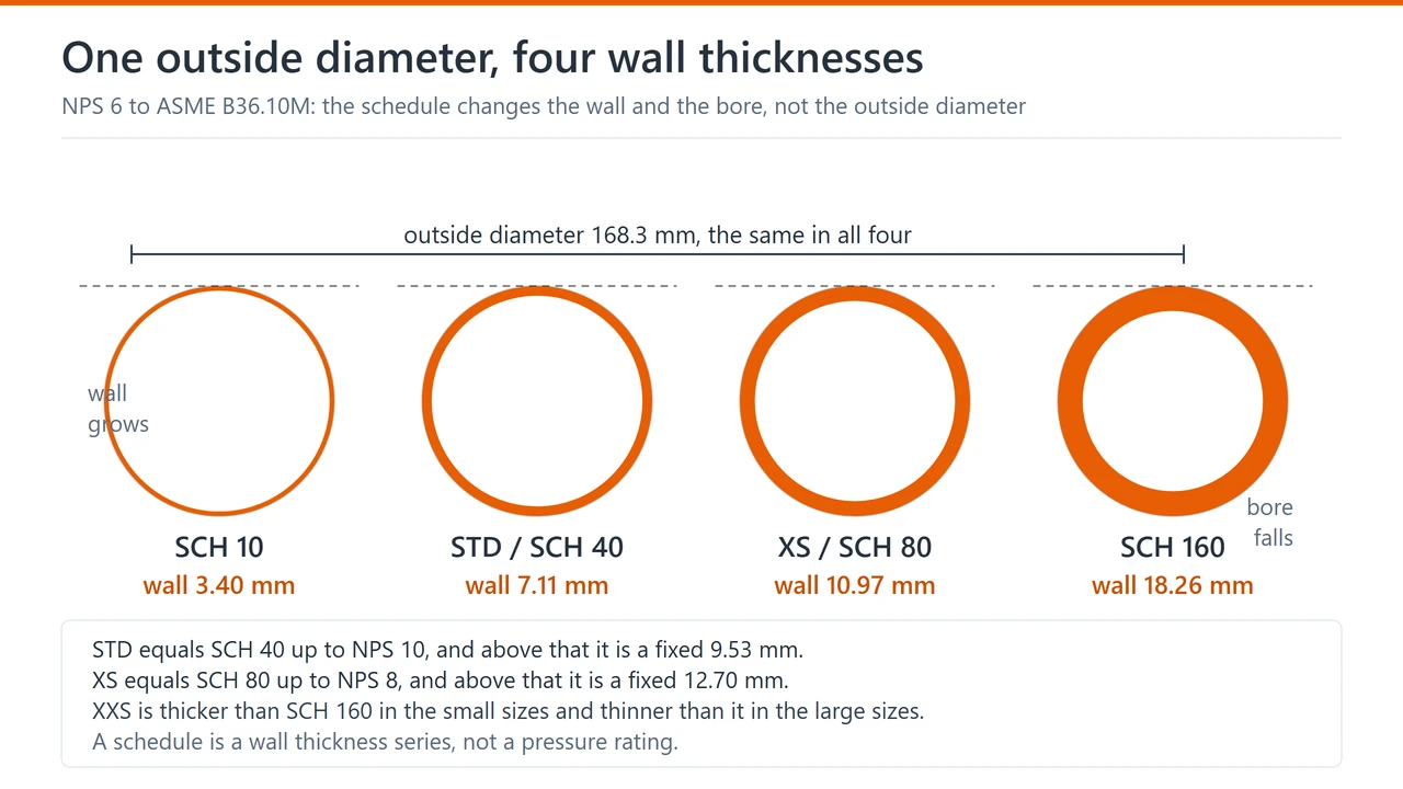 NPS 6 pipe drawn at four wall thicknesses with the same 168.3 mm outside diameter