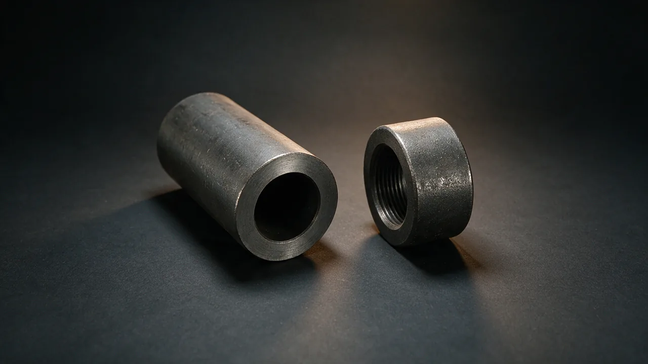 AI-generated concept image of a heavy wall seamless pipe end with a detached coupling standing on its edge alongside, the internal thread visible