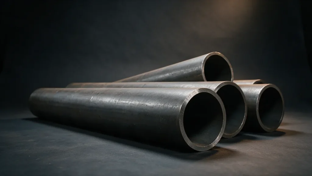 Large-diameter seamless steel pipe lengths with bevelled ends, wall thickness and bores visible