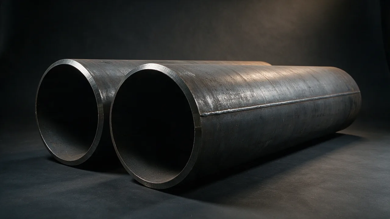 Very large-diameter LSAW welded steel pipe lengths with thick walls, bevelled ends and a slightly raised longitudinal weld cap