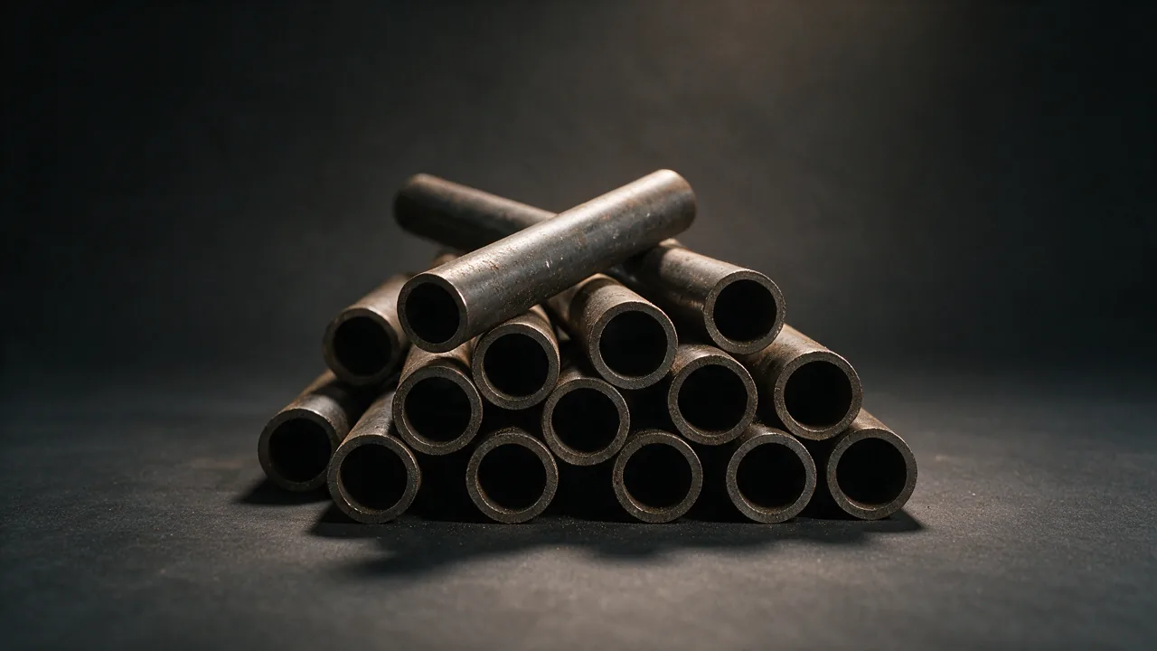 Small-diameter seamless carbon steel pipe lengths bundled with their open circular ends facing the camera