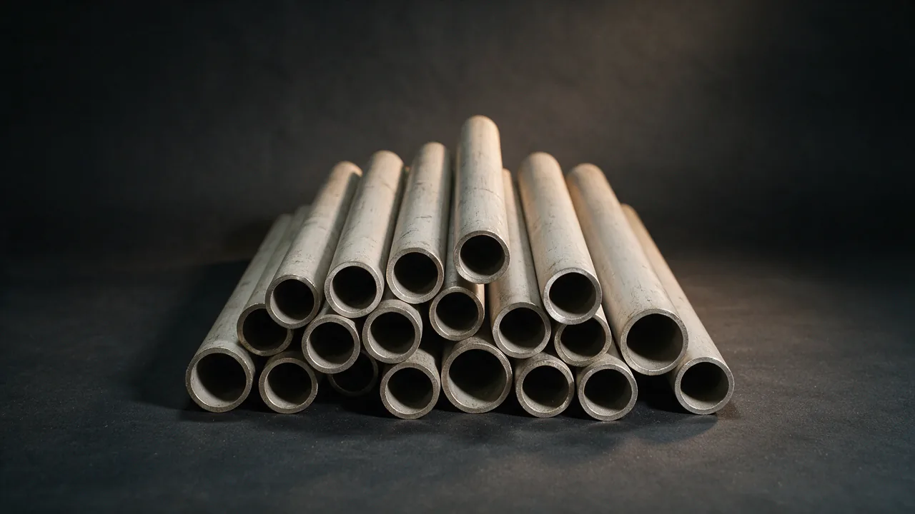 Stainless steel pipe lengths with a bright pickled surface, cut ends visible