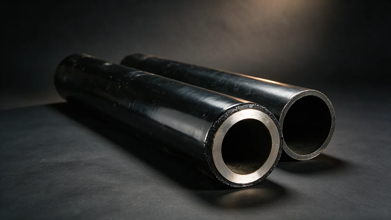 Anti-corrosion coated steel pipe with a dark external coating and a machined step at the end exposing bare steel