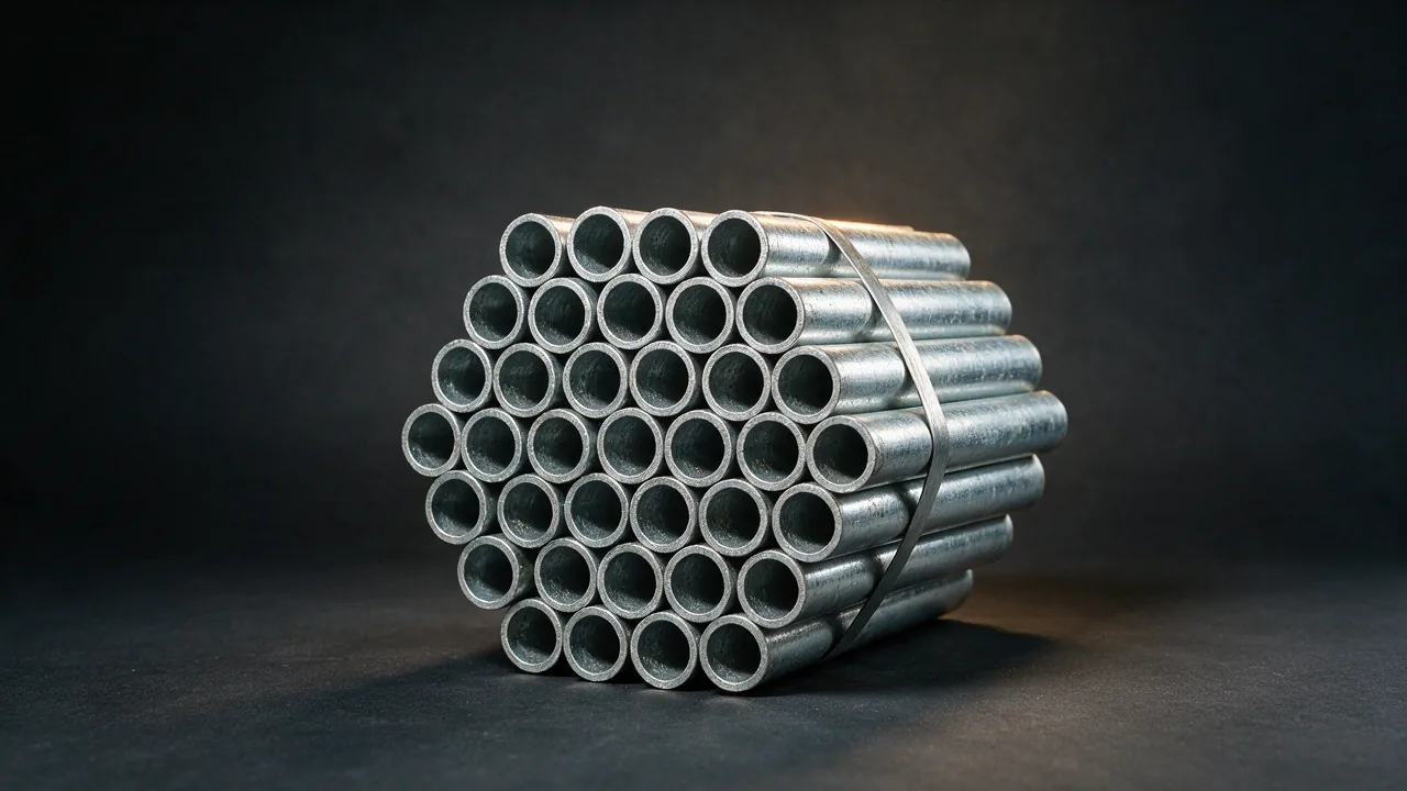 Hot dip galvanized steel pipe bundle with the ends toward the camera, the surface bright silver grey with a fine crystalline spangle