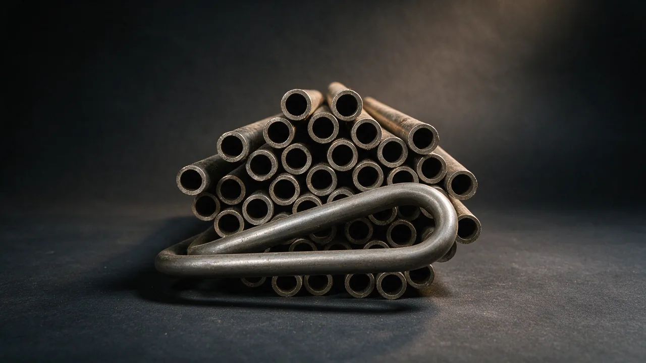 Closely packed small-diameter boiler tubes with one tube bent into a U