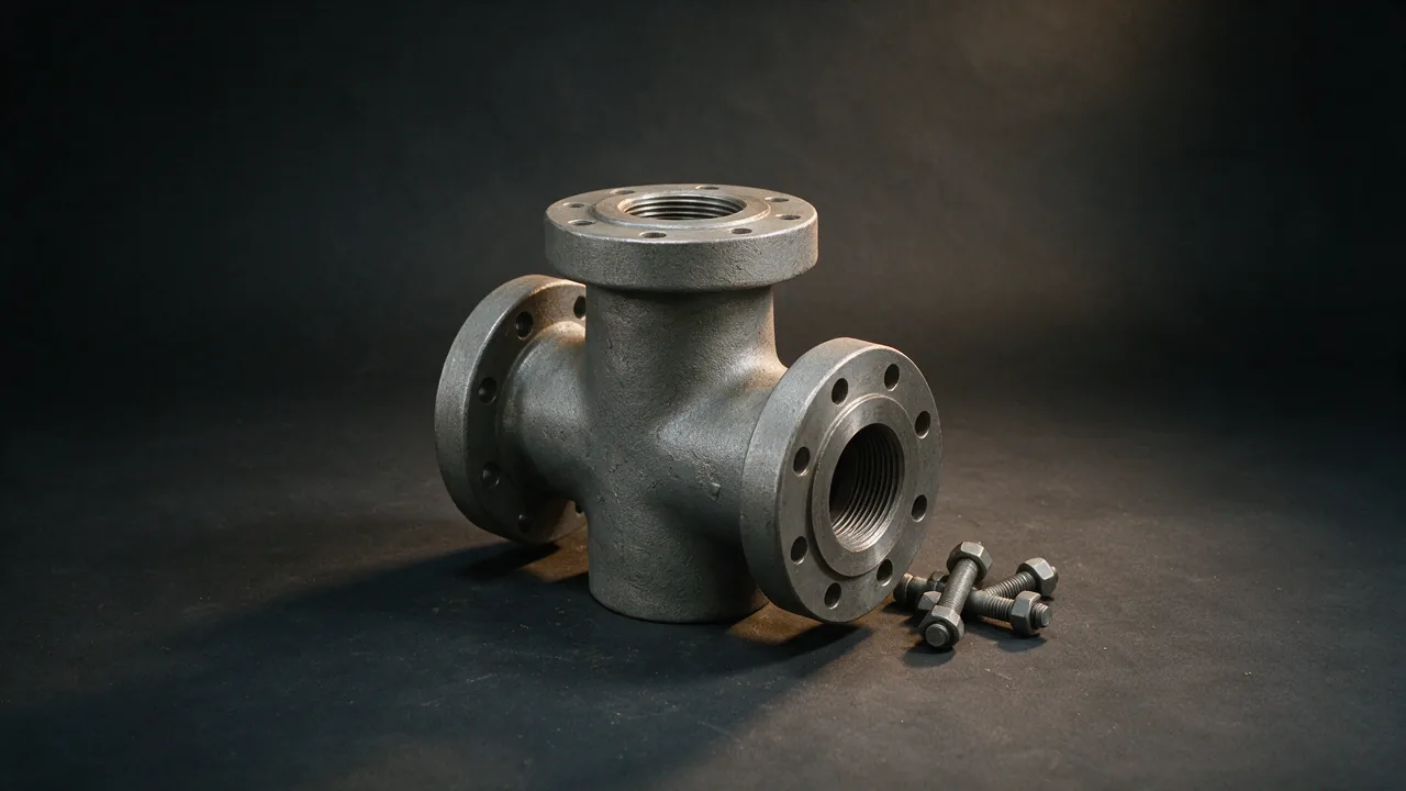 Pumping tee with a vertical run and a side outlet with flanged ends, loose bolts alongside