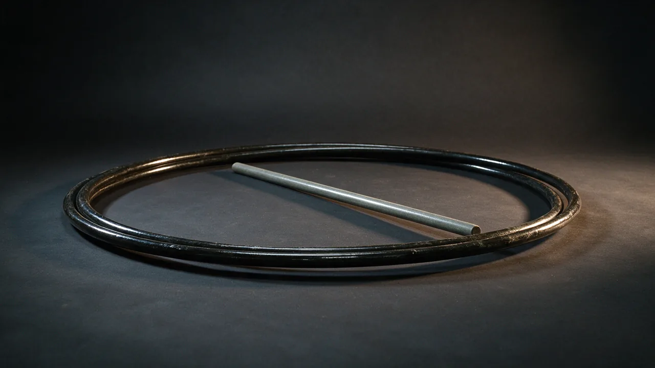 Coiled continuous sucker rod looped on the floor beside a straight length
