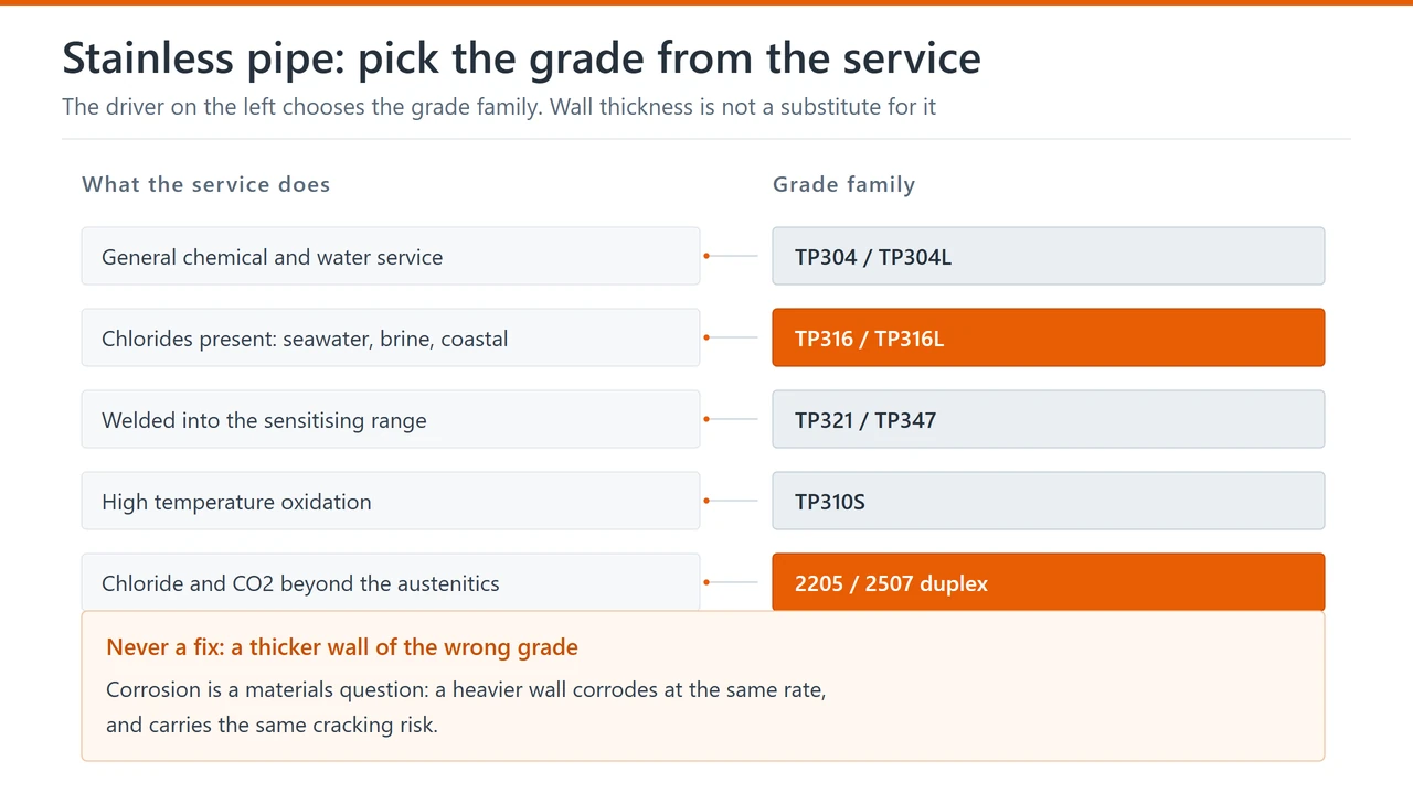 Grade families for stainless steel pipe by service condition: TP304, TP316, TP321/TP347, TP310S and duplex 2205/2507