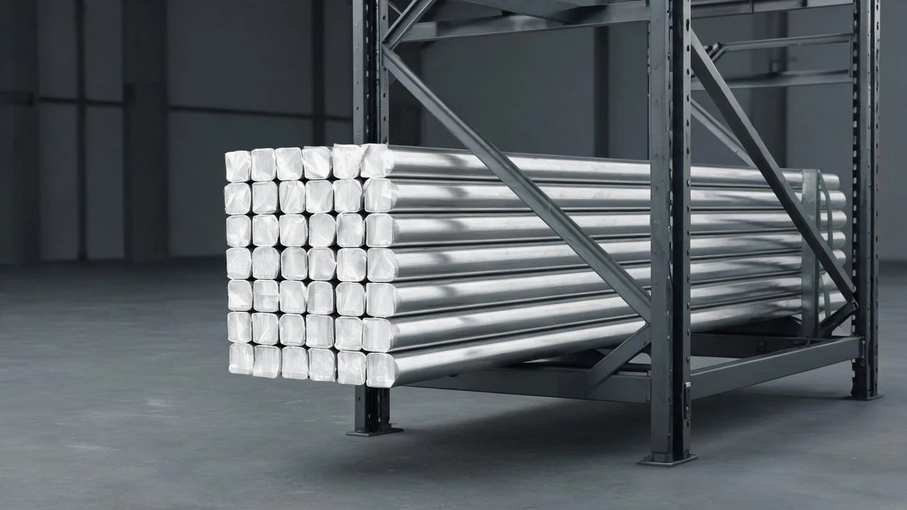 Stainless steel pipe bundle stacked on a rack in a warehouse