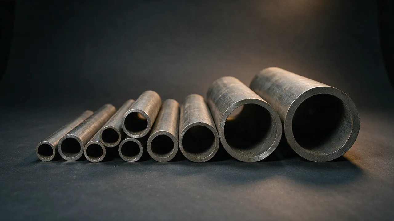 AI-generated concept image of steel pipe cut ends in a range of diameters and wall thicknesses arranged in a row, all bores facing the camera