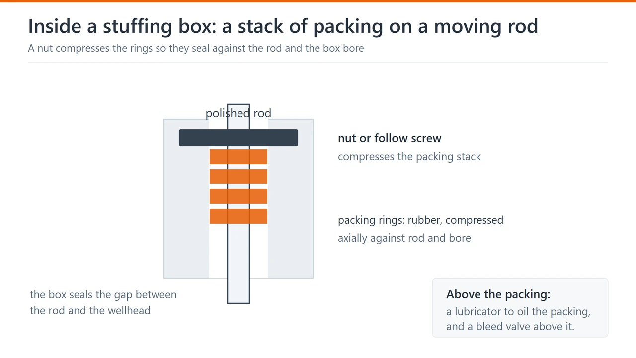 Section through a stuffing box: the polished rod passing through the box, a stack of packing rings compressed by the nut, and the lubricator above