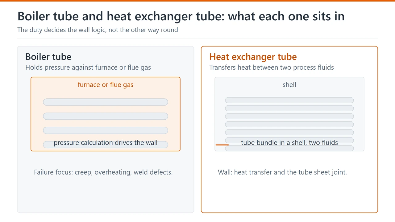 Two schematics: boiler tubes inside a furnace or flue gas path where pressure drives the wall, and a heat exchanger tube bundle inside a shell