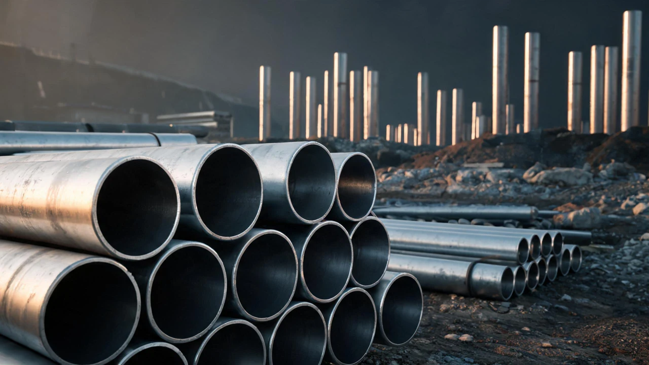 Large diameter steel pipe piles driven into the ground at a construction site