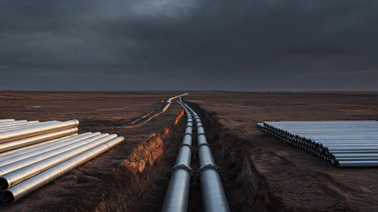 Long-distance transmission pipeline under construction with large diameter line pipe