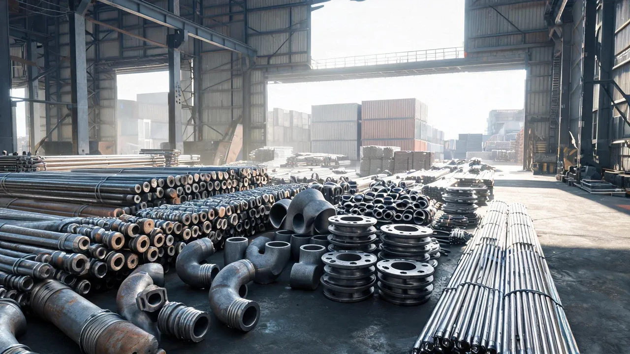 Steel pipe, OCTG casing and tubing, pipe fittings, flanges and sucker rods consolidated in one large export warehouse scene