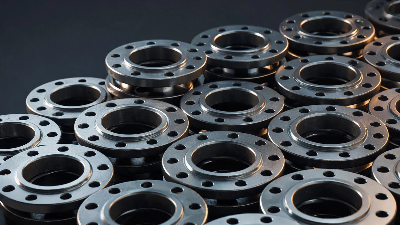 Raised-face steel flanges stacked with drilled bolt holes and central bores