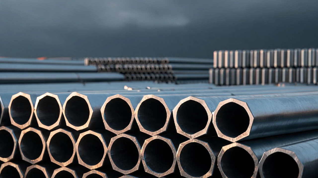 Steel pipe yard with seamless and welded line pipe lengths, bevelled ends visible
