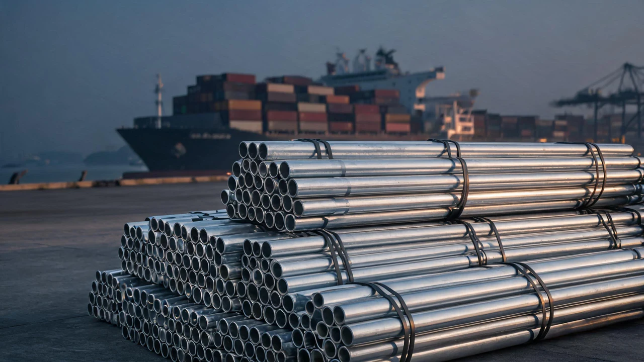 Steel pipe bundles stacked on a seaport quay ready for loading, Chittagong