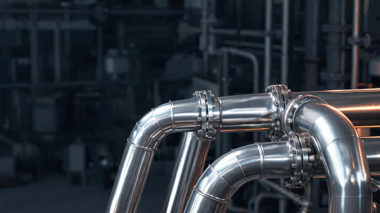 Stainless steel process piping in a chemical plant with bright pickled pipe runs