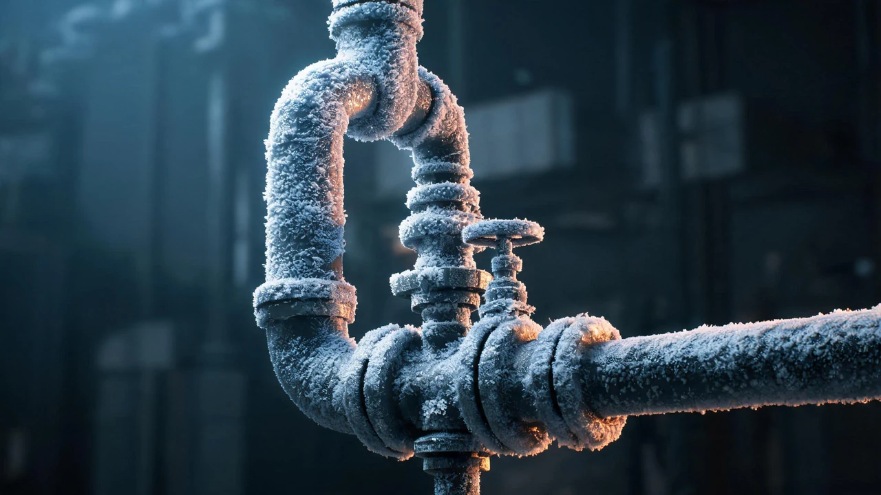 Low-temperature steel pipe in a cryogenic plant with frost on the pipe surface