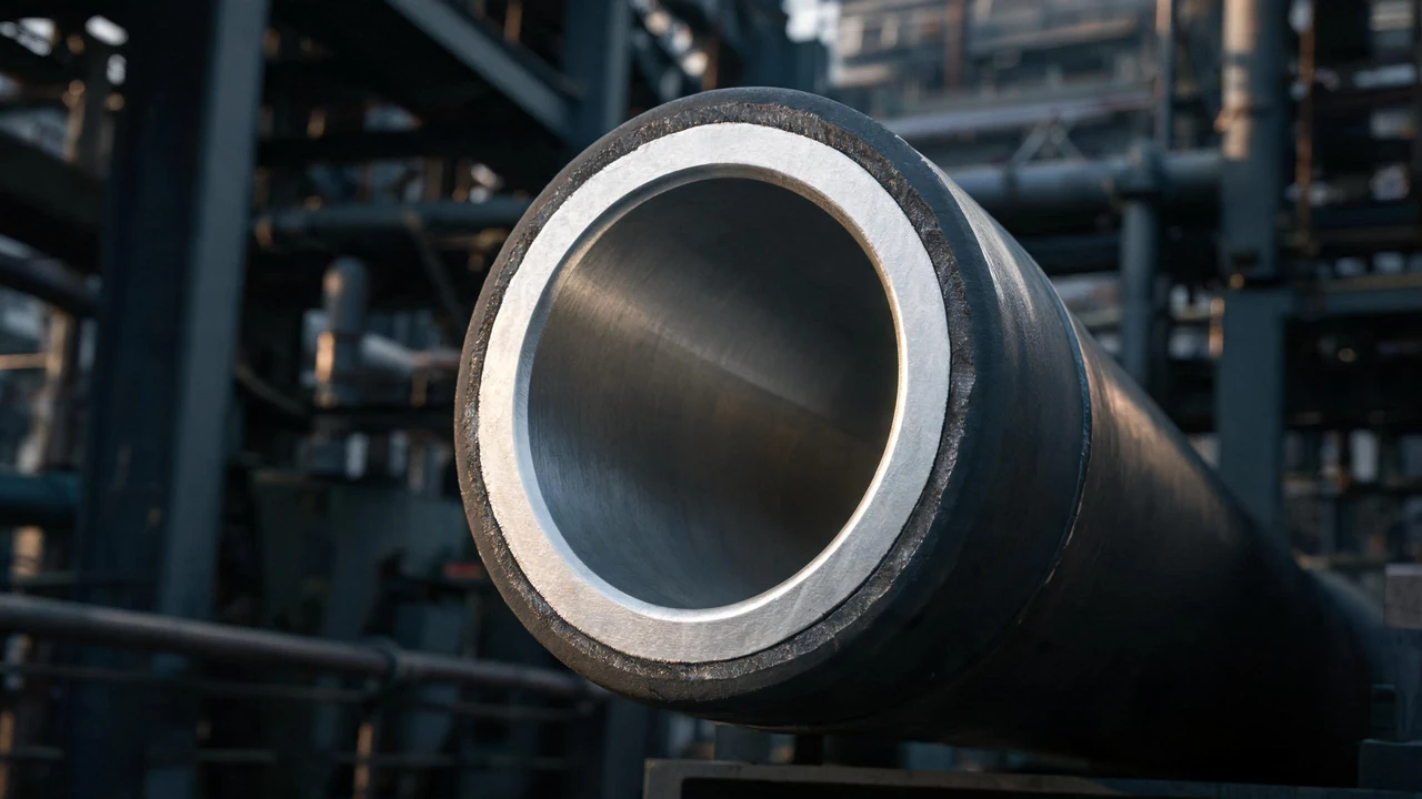 Cut end of clad or lined steel pipe showing a corrosion-resistant alloy layer over carbon steel